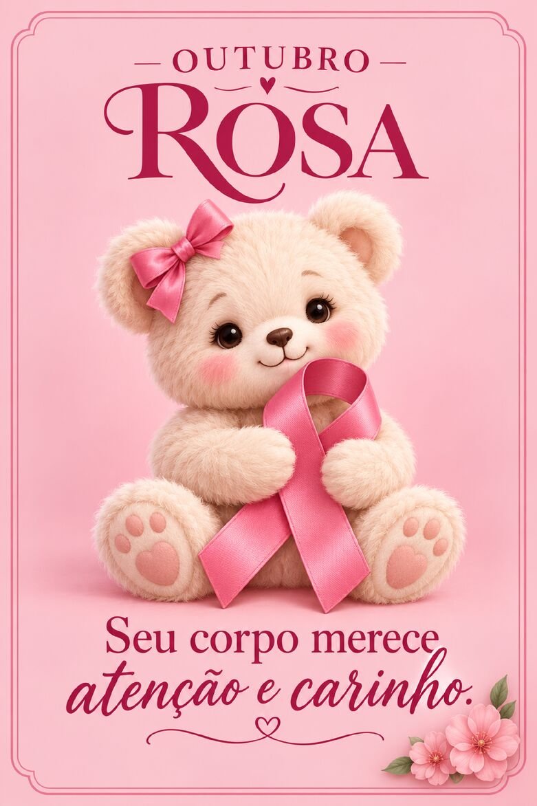 Cartão Outubro Rosa com ursinha de pelúcia segurando fita rosa e mensagem sobre atenção e carinho